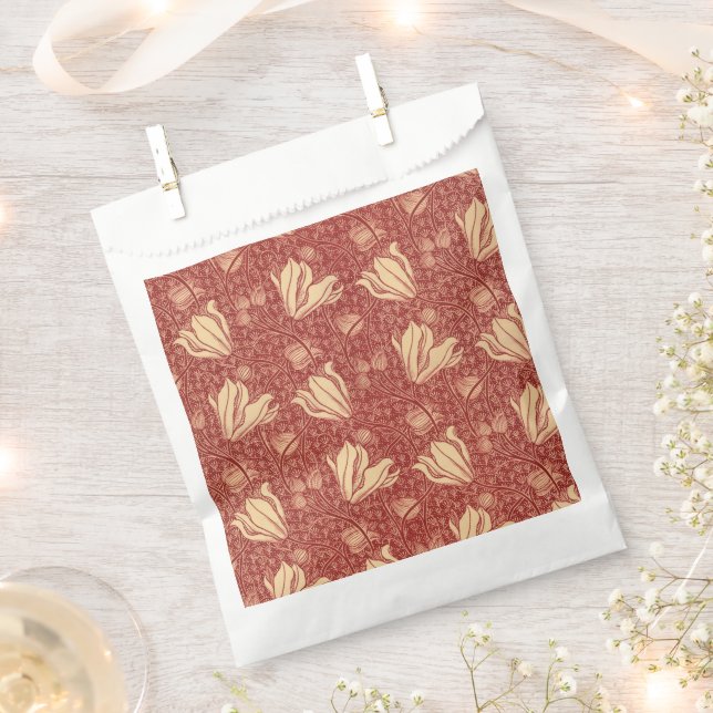 Morris Inspired Lily Flower Botanical Red Textile  Favour Bag (Clipped)