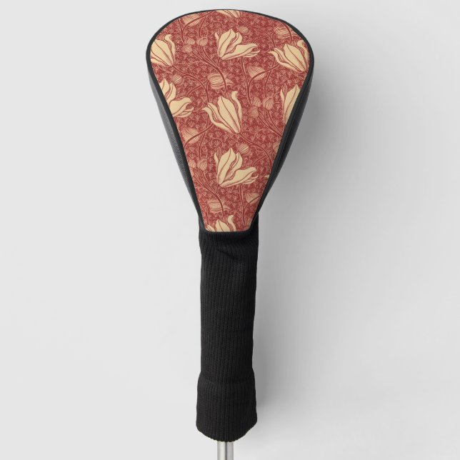 Morris Inspired Lily Flower Botanical Red Textile  Golf Head Cover (Front)