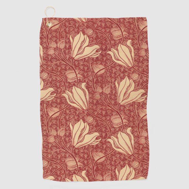 Morris Inspired Lily Flower Botanical Red Textile  Golf Towel (Front)