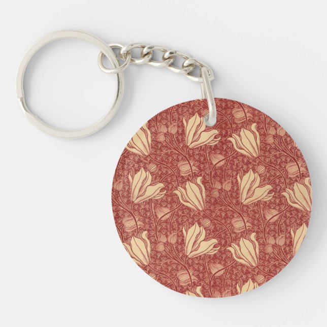 Morris Inspired Lily Flower Botanical Red Textile  Keychain (Front)
