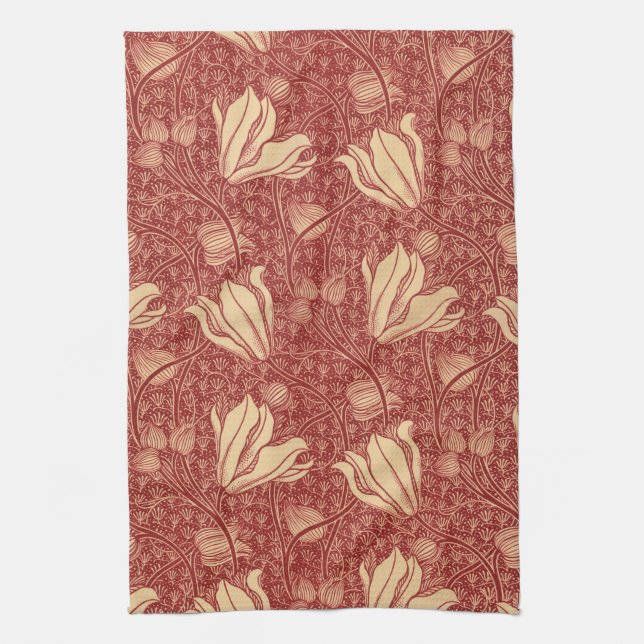 Morris Inspired Lily Flower Botanical Red Textile  Kitchen Towel (Vertical)