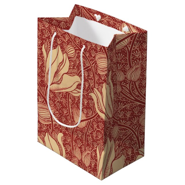 Morris Inspired Lily Flower Botanical Red Textile  Medium Gift Bag (Front Angled)