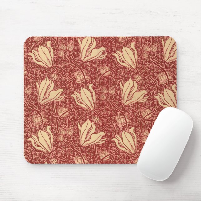 Morris Inspired Lily Flower Botanical Red Textile  Mouse Pad (With Mouse)
