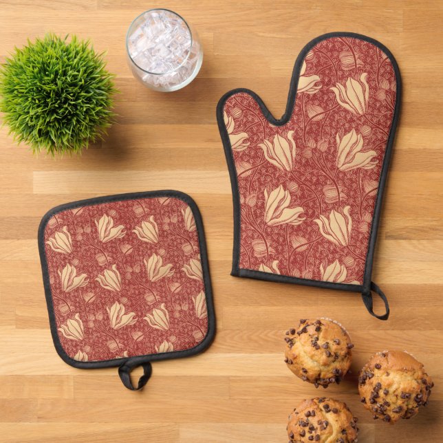 Morris Inspired Lily Flower Botanical Red Textile  Oven Mitt & Pot Holder Set (Top Down)