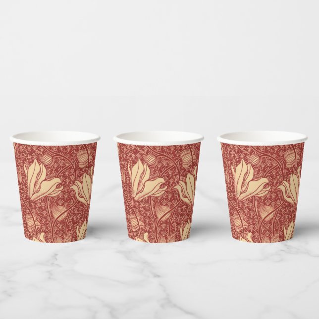 Morris Inspired Lily Flower Botanical Red Textile  Paper Cups (Multi)