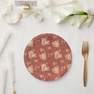 Morris Inspired Lily Flower Botanical Red Textile  Paper Plate