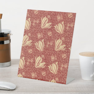 Morris Inspired Lily Flower Botanical Red Textile  Pedestal Sign