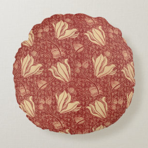 Morris Inspired Lily Flower Botanical Red Textile  Round Pillow