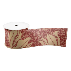 Morris Inspired Lily Flower Botanical Red Textile Satin Ribbon