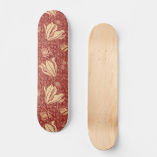 Morris Inspired Lily Flower Botanical Red Textile  Skateboard
