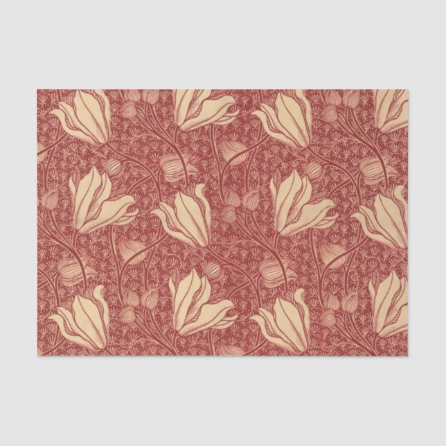 Morris Inspired Lily Flower Botanical Red Textile  Tissue Paper (Front)