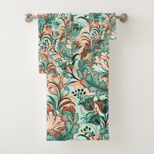 Morris Inspired Tulips,Peonies,Acanthus Green Bath Towel Set