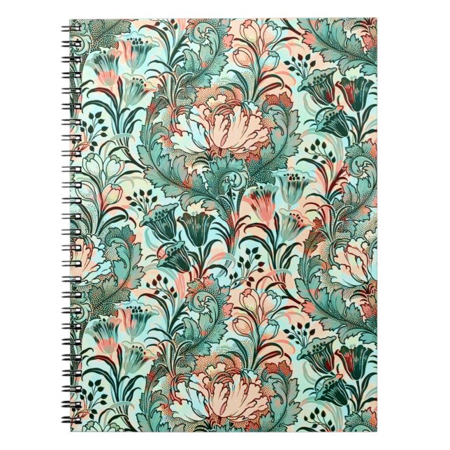 Morris Inspired Tulips,Peonies,Acanthus Green Notebook (Front)