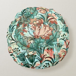 Morris Inspired Tulips,Peonies,Acanthus Green Round Pillow