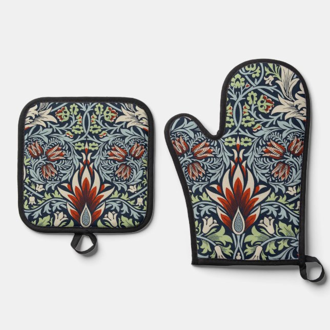 Morris Navy Blue Snakeshead Floral Wallpaper Oven Mitt & Pot Holder Set (Front)