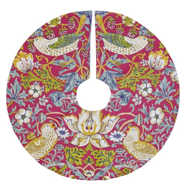 Morris Red Background Strawberry Thief Pattern Brushed Polyester Tree Skirt (Front)