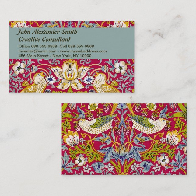 Morris Red Background Strawberry Thief Pattern Business Card (Front/Back)