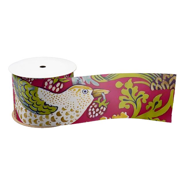 Morris Red Background Strawberry Thief Pattern Satin Ribbon (Spool)
