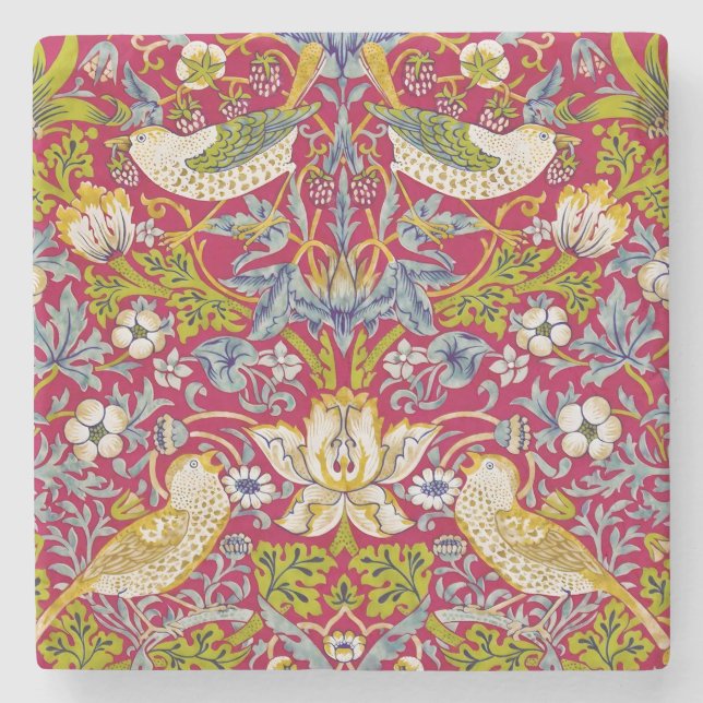 Morris Red Background Strawberry Thief Pattern Stone Coaster (Front)