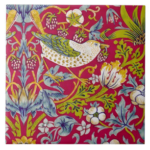 Morris Red Background Strawberry Thief Pattern Tile