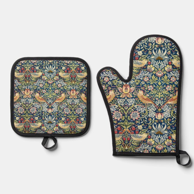 Morris - Strawberry Thief Bird & Floral Pattern Oven Mitt & Pot Holder Set (Front)