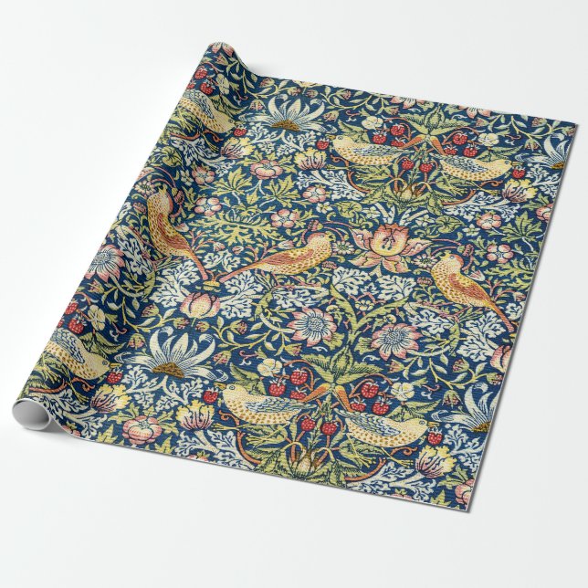 Morris - Strawberry Thief  Bird & Floral Pattern Wrapping Paper (Unrolled)