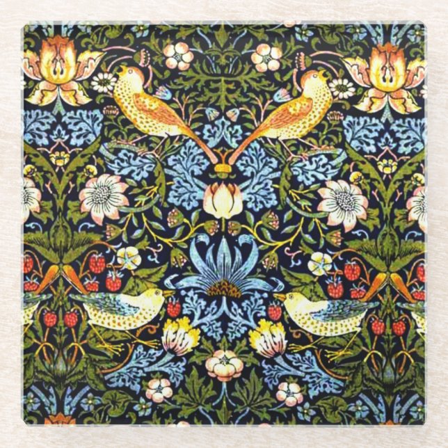 Morris - Strawberry Thief, famous design Glass Coaster (Front)