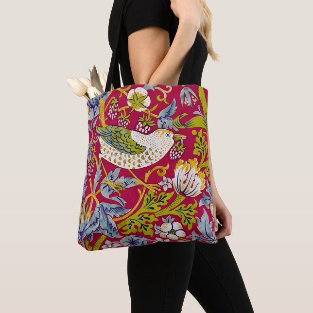 Morris Strawberry Thief Raspberry Red Lime Floral Tote Bag (Close Up)