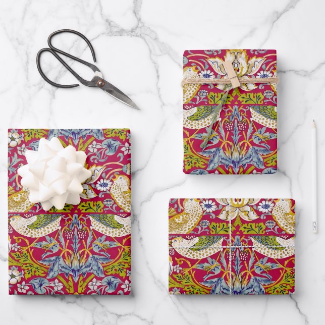 Morris Strawberry Thief Raspberry Red Lime Floral Wrapping Paper Sheet (Front)