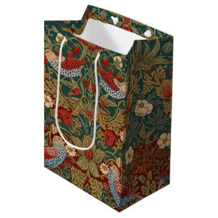 Morris Strawberry Thief Teal Green Red Floral Art Medium Gift Bag