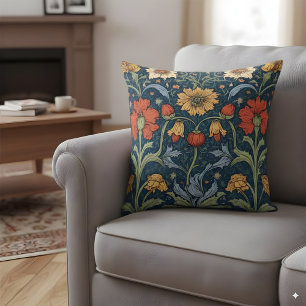 Morris Style Floral Coussin Marine Orange Vintage