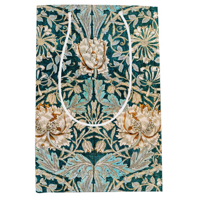 Morris Teal Blue Honeysuckle Floral Wallpaper Medium Gift Bag (Front)
