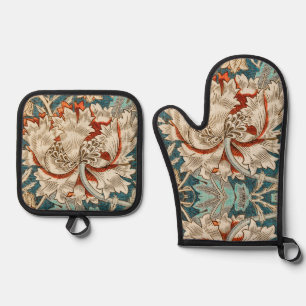Morris Teal Blue Honeysuckle Floral Wallpaper Oven Mitt & Pot Holder Set
