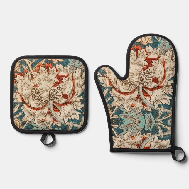 Morris Teal Blue Honeysuckle Floral Wallpaper Oven Mitt & Pot Holder Set (Front)