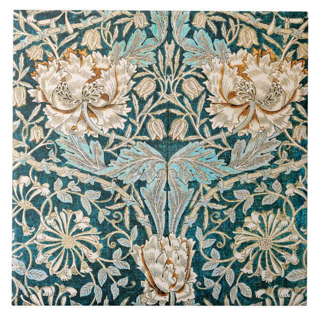Morris Teal Blue Honeysuckle Floral Wallpaper Tile (Front)
