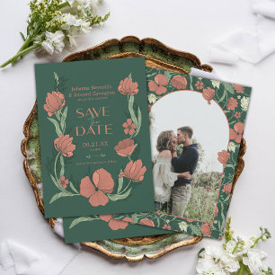 Morris Terracotta & Emerald Floral Photo Save The Date