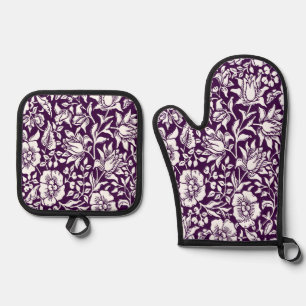 Morris Vintage Purple & White Floral Pattern Oven Mitt & Pot Holder Set