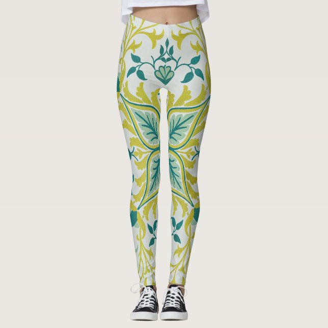 Morris Yellow Turquoise Vine & Flower Pattern Leggings (Front)