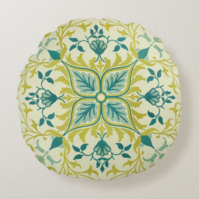 Morris Yellow Turquoise Vine & Flower Pattern Round Pillow (Front)