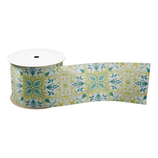 Morris Yellow Turquoise Vine & Flower Pattern Satin Ribbon (Spool)