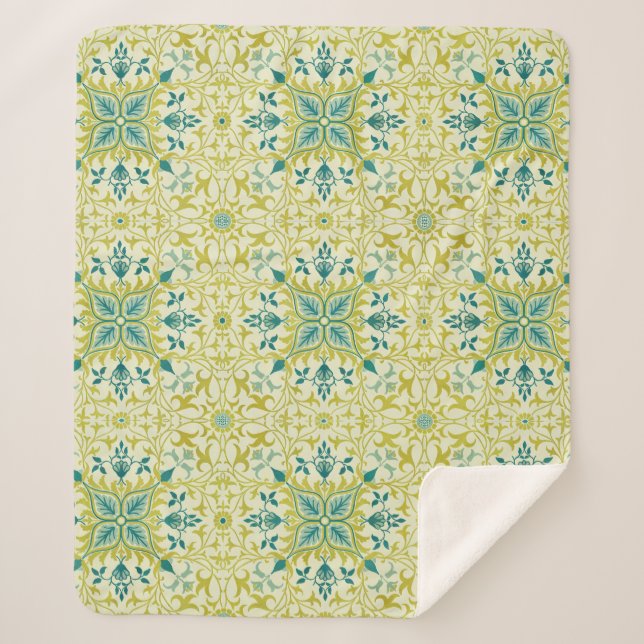 Morris Yellow Turquoise Vine & Flower Pattern Sherpa Blanket (Front)