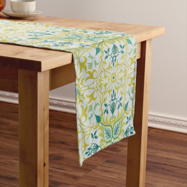 Morris Yellow Turquoise Vine & Flower Pattern Short Table Runner (In Situ)
