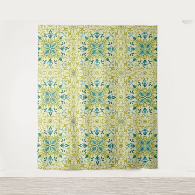 Morris Yellow Turquoise Vine & Flower Pattern Tapestry (Front)