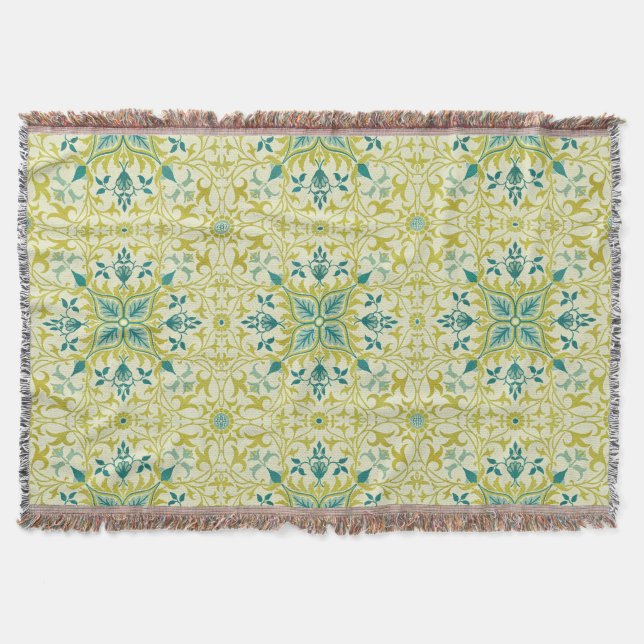 Morris Yellow Turquoise Vine & Flower Pattern Throw Blanket (Front)