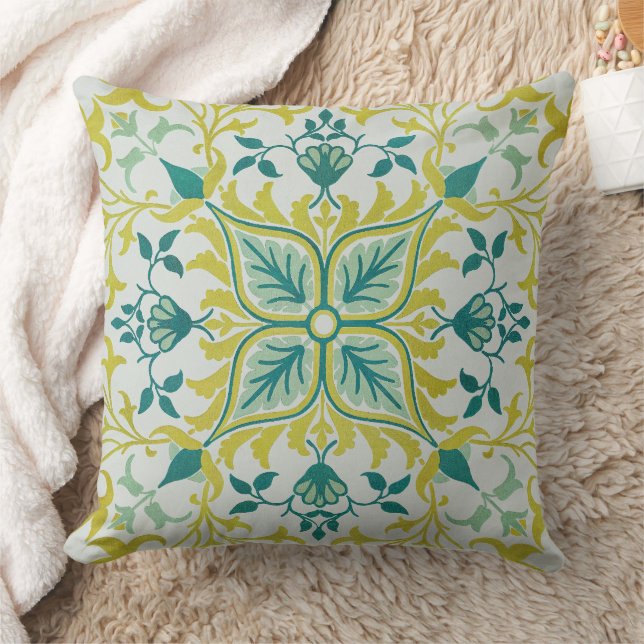 Morris Yellow Turquoise Vine & Flower Pattern Throw Pillow (Blanket)