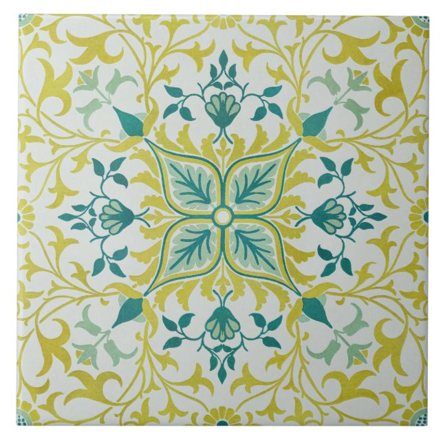 Morris Yellow Turquoise Vine & Flower Pattern Tile (Front)