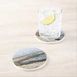 Morro Bay California Ocean Photography Coaster<br><div class="desc">A foggy overcast day in Morro Bay California with the ocean waves hitting the rocks on the shore in this beach photograph souvenir. This seaside travel photo keepsake coaster gift features black cursive script above the beach rocks and grey sky.</div>