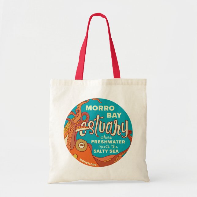 Morro Bay Estuary Octopus Tote with Red Handles (Front)
