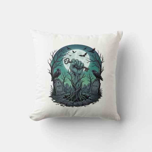 Mors Zombie Hand Skeleton Key Tombstone Ravens Hal Throw Pillow (Front)