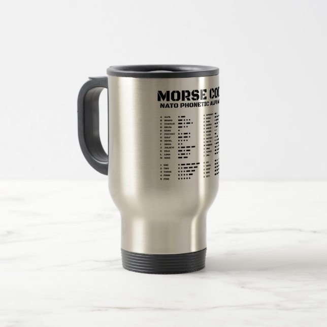 Morse Code NATO Phonetic Alphabet Travel Mug (Front Left)